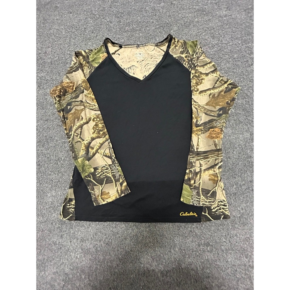 Cabelas Shirt Womens L Black Camo Seclusion 3D Raglan V-Neck Performance Hunting